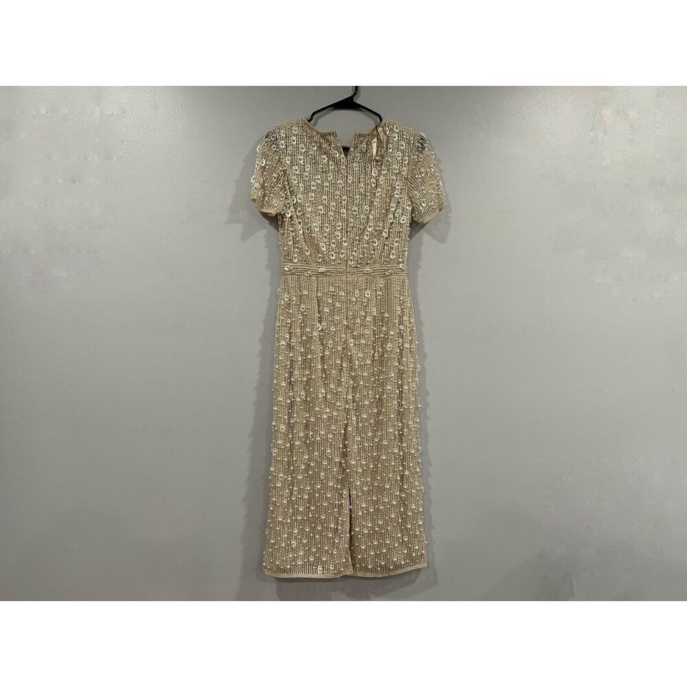 Mac Duggal 93893 Beige High Neck Short Sleeve Embellished Midi Sheath Dress Sz 6 - Picture 5 of 8